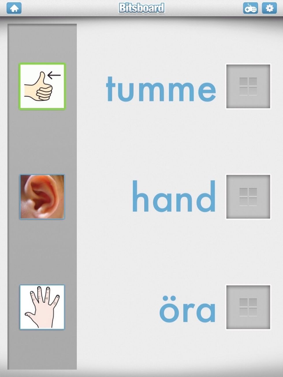 Spelet "Match up" tillsammans med bildupps\u00e4ttningen "kroppen". Tre bilder och ljud som ska matchas med orden till v\u00e4nster.