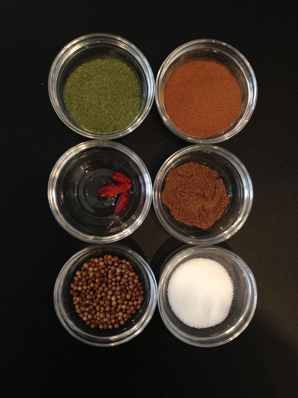 Spices that will give the distinctive taste of this recipe. Dried mint, coriander seeds, cinnamon, seven spices, salt and some chili flakes.