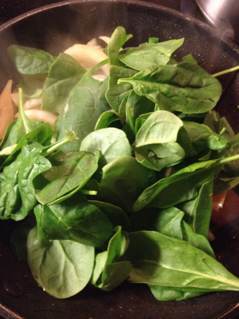 Spinach and other vegetables. Cook for 5 mins and set aside