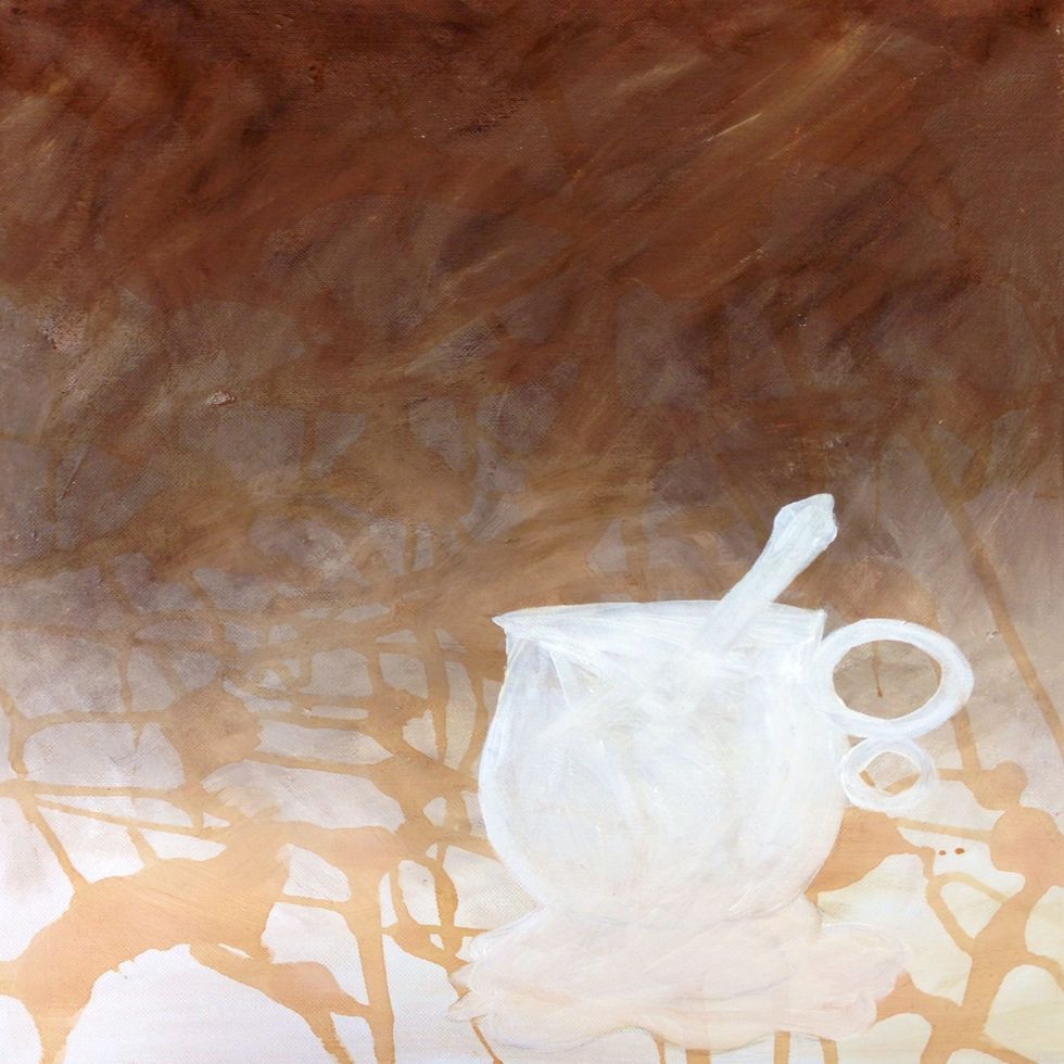 Splatter and drip concentrated Tetley 'Orange Pekoe' tea on the background.  Sketch the outline for the teacup and paint it white.  Allow the white paint to dry.