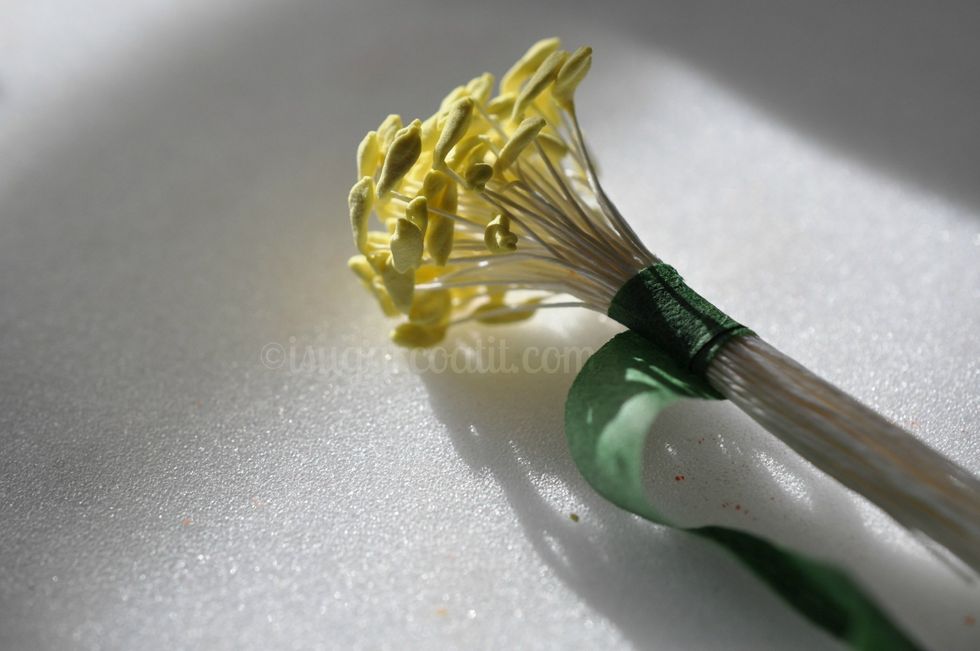 Split a pack of stamen into thirds and wrap each bunch with floral tape.