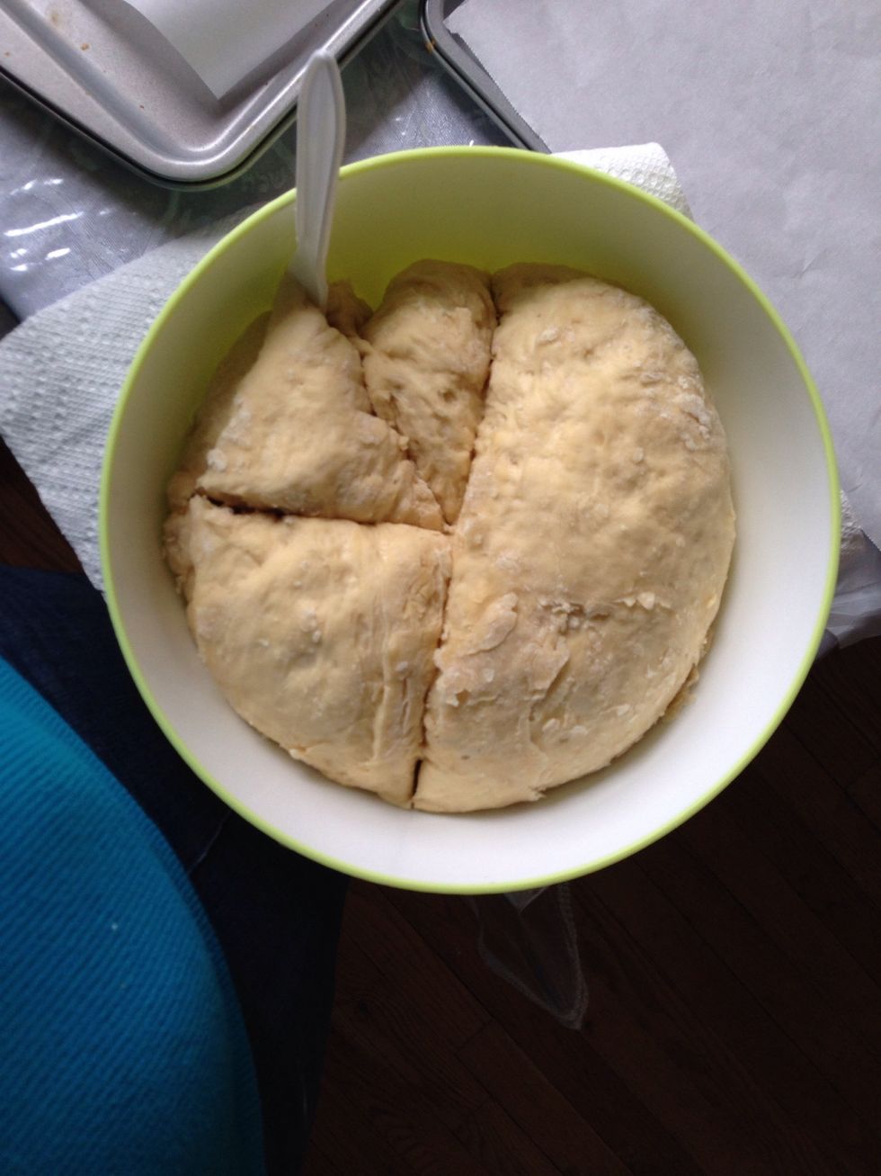 Split dough into how many you want to make I did 4 so I can show you 4 different ways to make challah: 6braided, 3 braided, a roll, and tick tac toe