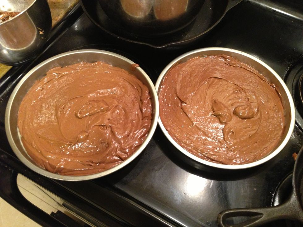 Split the batter between two baking pans. Bake for 30-35 minutes or until toothpick comes out clean. This batter is fluffy so you will need to spoon it out & spread it to even it.