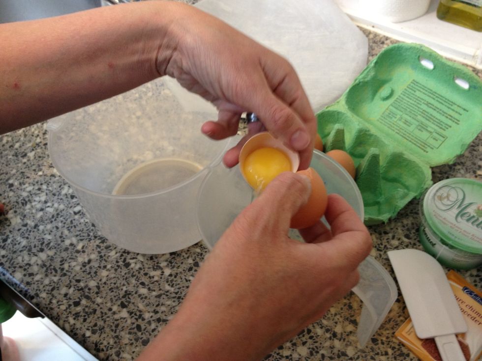 Split the egg-yolks and egg-whites. Try to save as much egg-white as you can, but make sure not a single drop off yolk comes into the whites!
