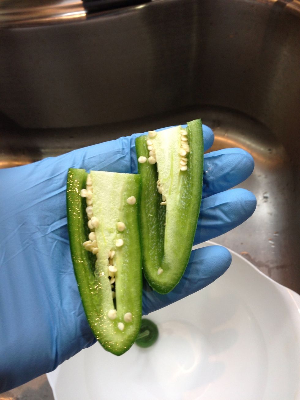 Split the pepper down the middle, you don't have to be neat they go in the food processor.