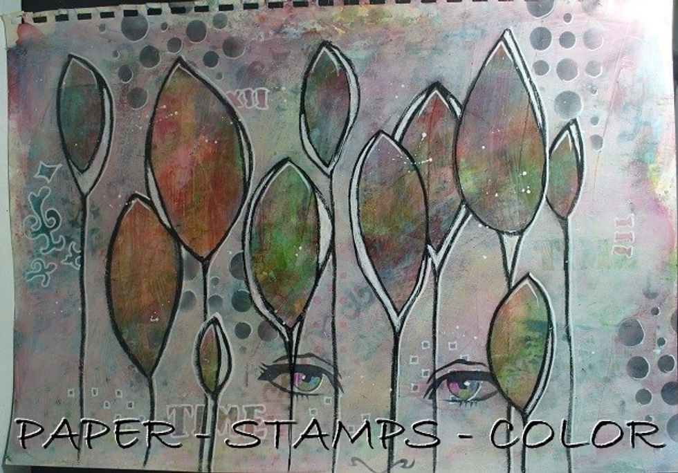 Sponge over the Let's Face-it stencil (oooo, these are gorgeous stencils!) with Black Soot Distress ink and heat emboss it with clear embossing powder. Don't you just LOVE this page?