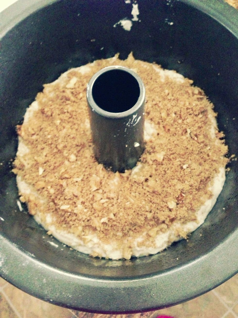 Spoon half of the batter into the pan and sprinkle half of the brown sugar mixture onto the batter
