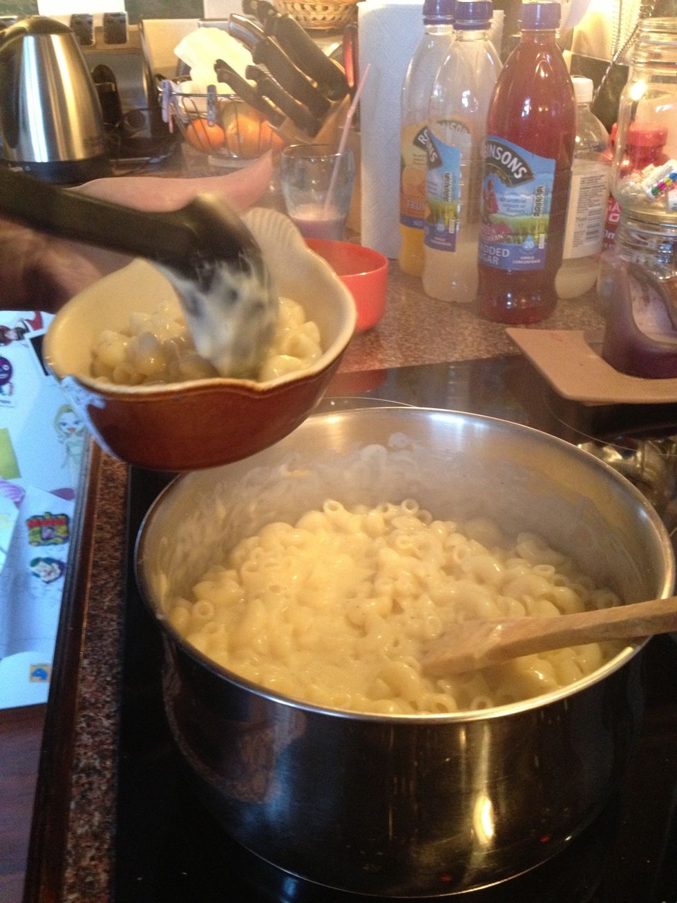 Spoon into a big casserole dish (my fussy brother likes his separate!)