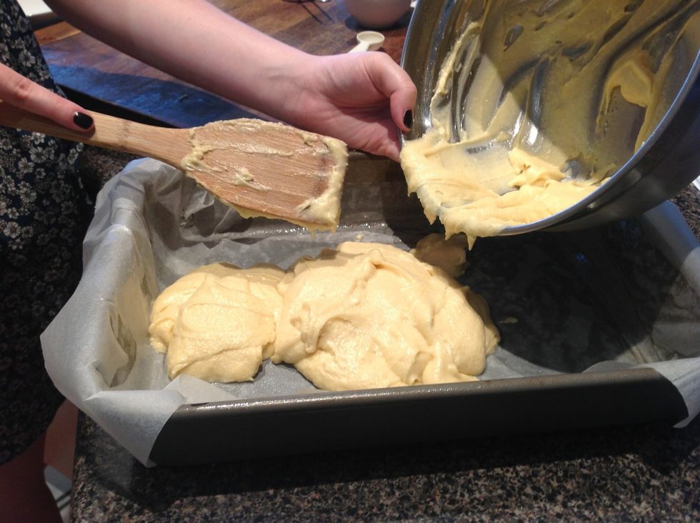 Spoon into a lightly greased tin lined with non stick baking paper and bake for 20 minutes or until cooked when tested with a skewer.