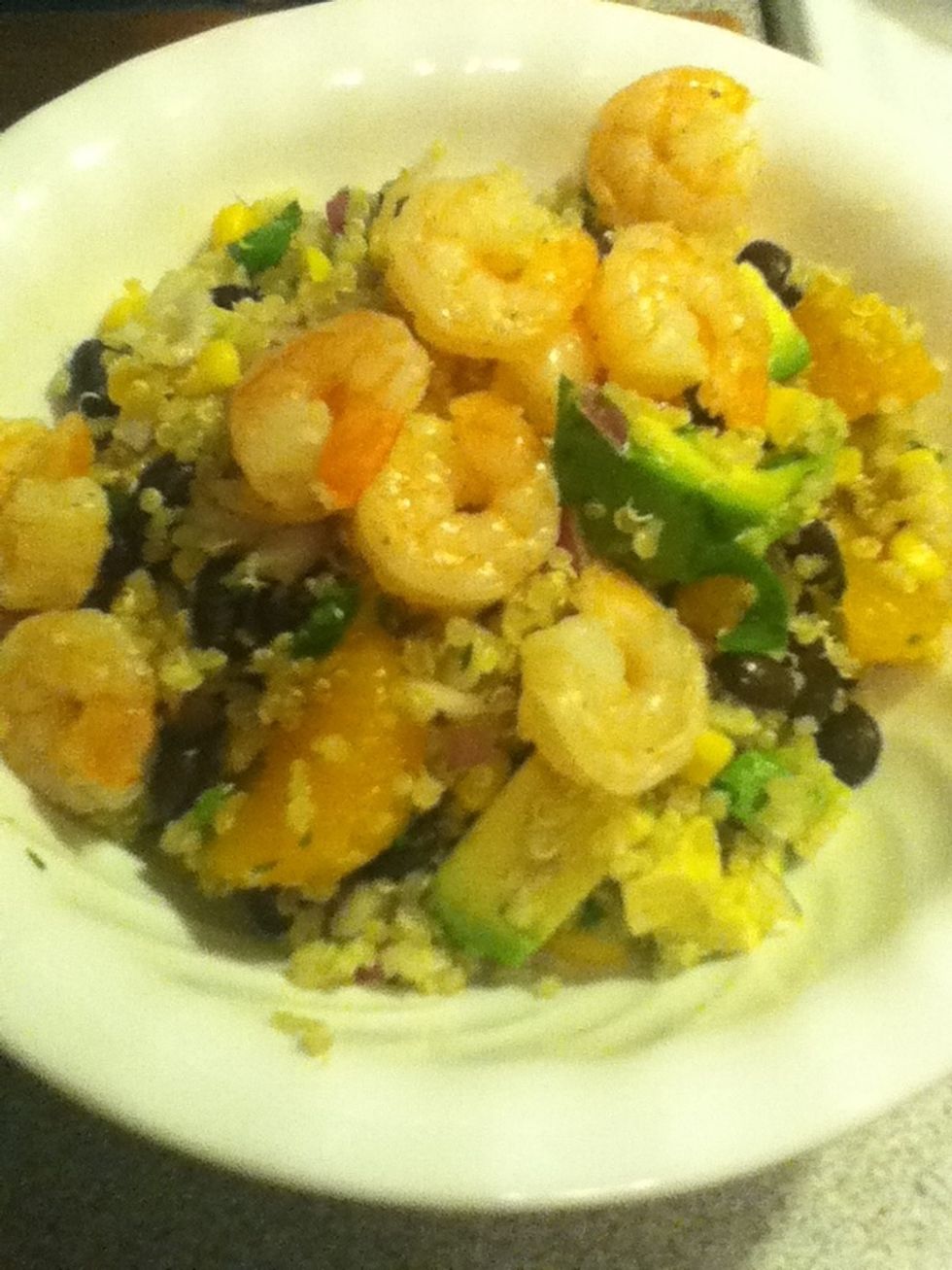 Spoon mixture into individual bowls and top with some shrimp. Enjoy! Makes 4 large servings.