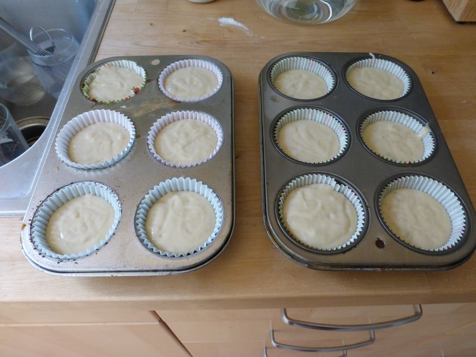 Spoon mixture into lined muffin pans and bake at 400 degrees Fahrenheit for 20 minutes.