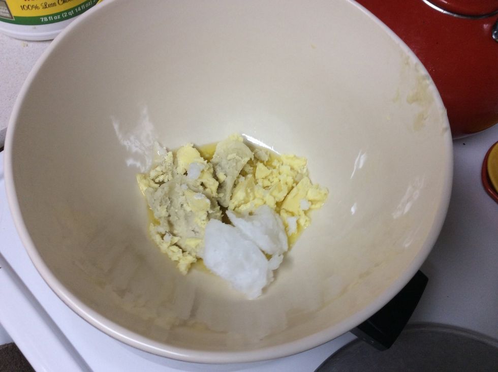 Spoon oils into bowl. It's ok if measurements aren't exact. You can make more or less, just use approximately equal parts. I made an non-scented lotion bar for my boyfriend first- no olive/hemp yet
