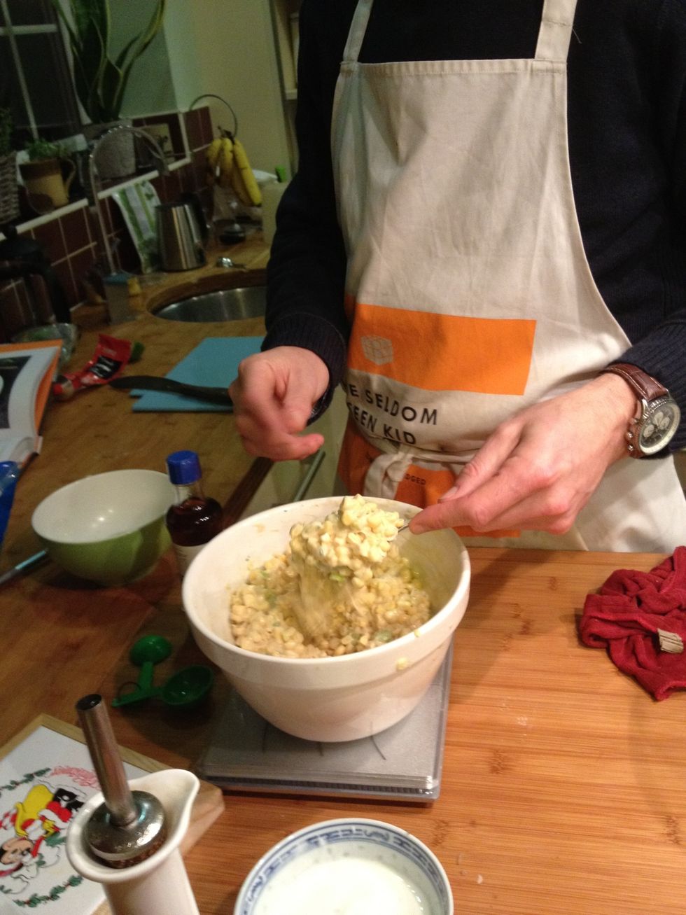 Spoon out a 'dollop' of fritter stuff.... Again, cack handed works best.