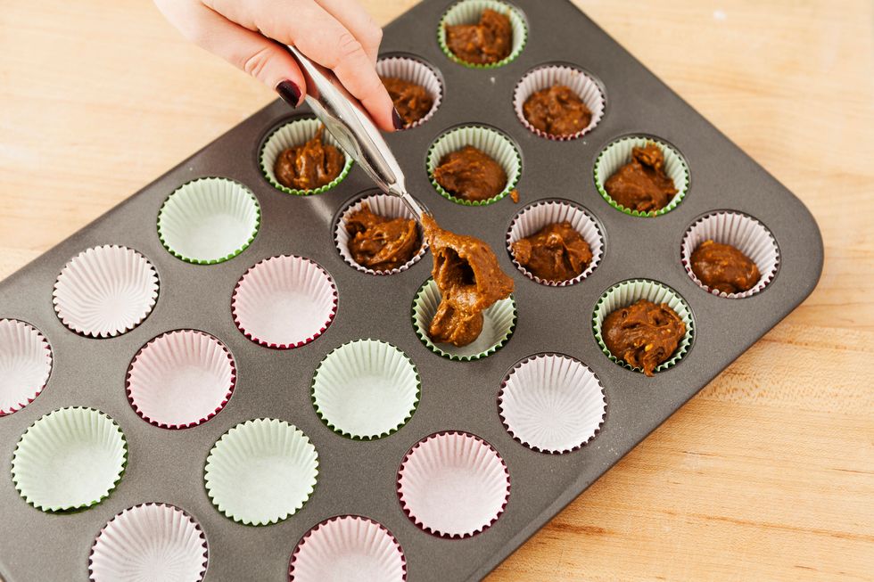 Spoon small amounts of batter into the lined muffin pan. Make sure to only fill the pan 3/4 of the way full. Bake for 10-12 minutes.