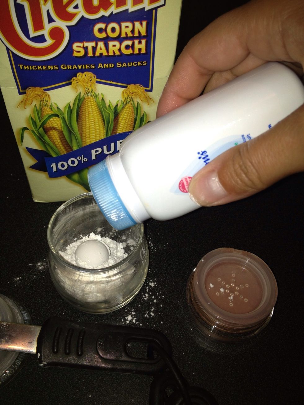 Spoon some corn starch into your container, add baby powder. Mix. I used a chop stick. I never measure. I'd say maybe 3 parts corn starch to 1 part baby powder.