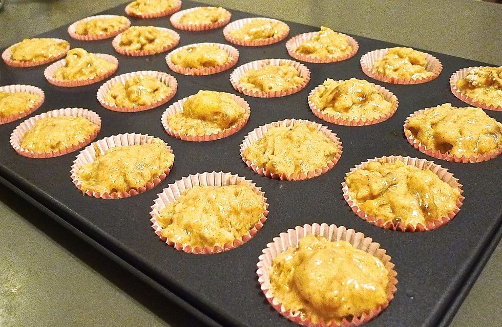 Spoon the batter into the muffin cups until 3/4 full.