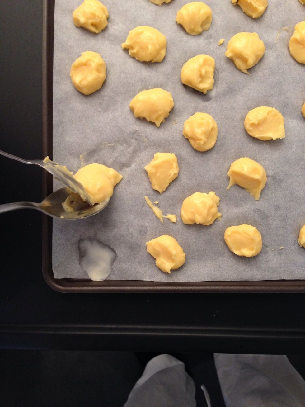Spoon the dough on the tray like above. They will triple in size. I make them individual size. For bite size make them smaller