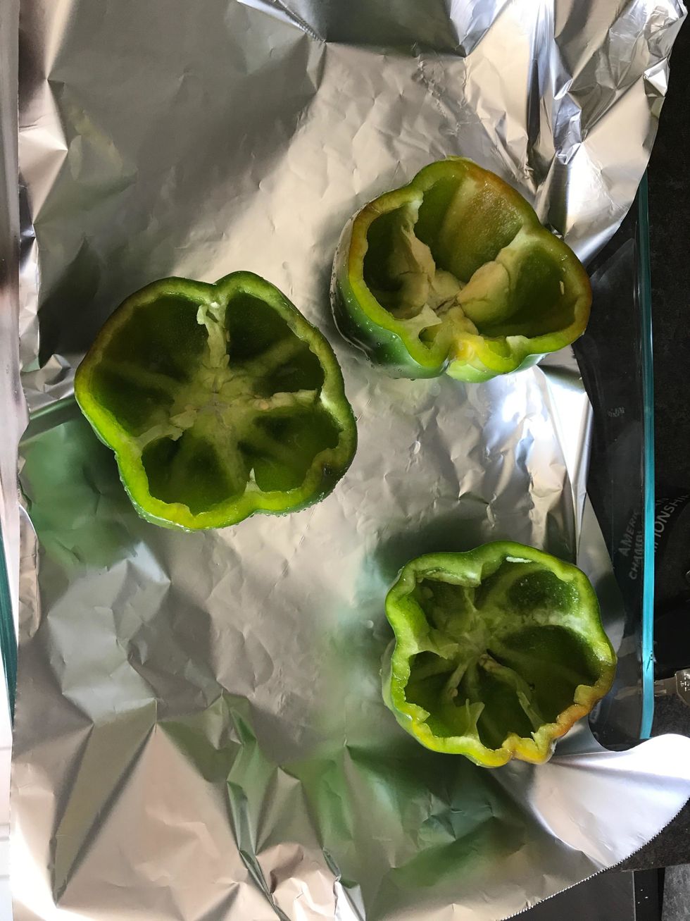 Spoon the filling into each bell pepper cavity. Place on prepared baking dish, cavity side up, and bake until the peppers are tender and the filling is heated through, about 25-30 minutes