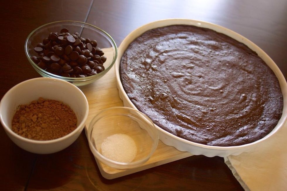 Spoon the mixture into an oiled 10-inch spring form pan or 12 inch tart baking dish. Bake at 350 degrees for 25-30 minutes, or until a toothpick can be inserted and be removed clean.