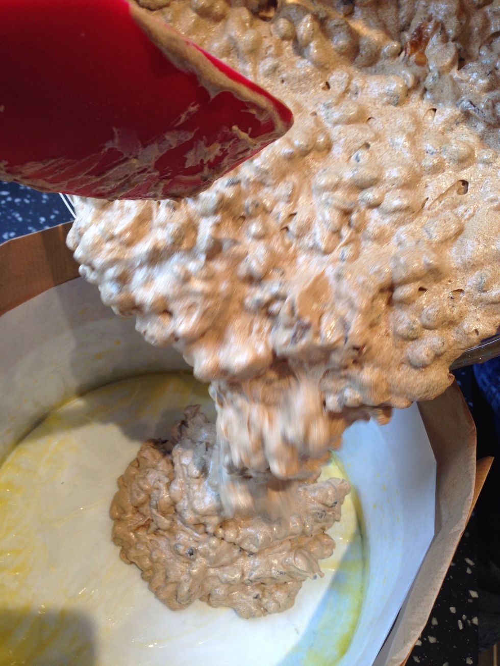 Spoon the mixture into the prepared cake tin and spread out evenly with the back of a spoon.