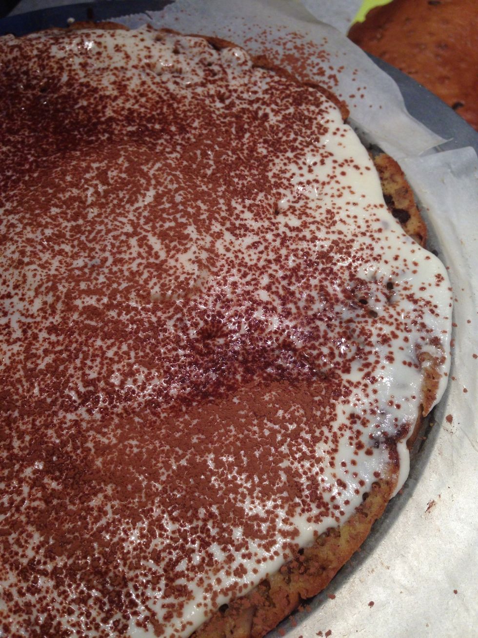 Spoon the whipped cream onto the cake and sprinkle with cocoa powder. Alternatively. You could add Nutella as well. I prefer this cake to be less sweet in taste.