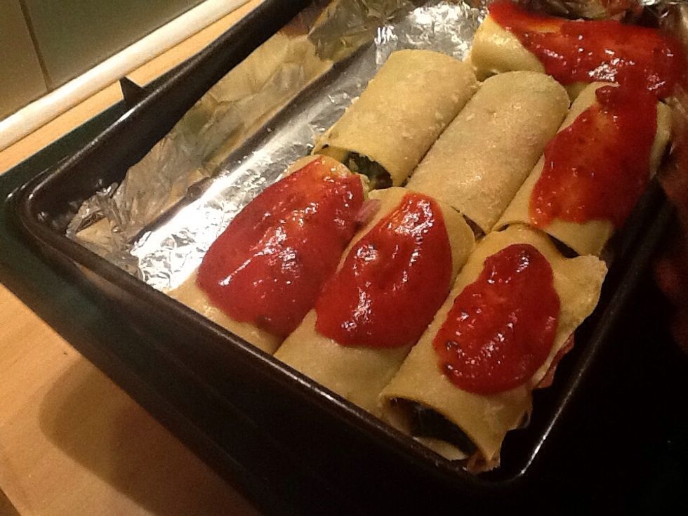 Spoon tomato sauce on top. Used a bottle of Ragu, but I normally make sauce from scratch.