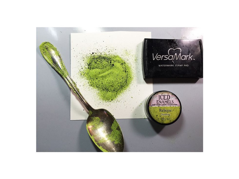 Spot hit the versa mark ink on the spoon and sprinkle with embossing powder. Heat set the powder.