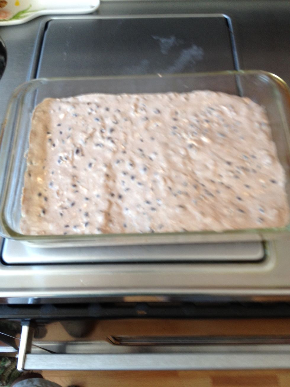 Spray a 9 by 13 baking pan with cooking spray. Spread your spread mixture evenly into bottom of pan.