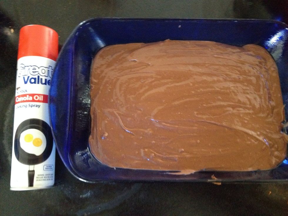 Spray a 9 by 13 inch pan with vegetable / canola oil and pour the cake mix in the pan