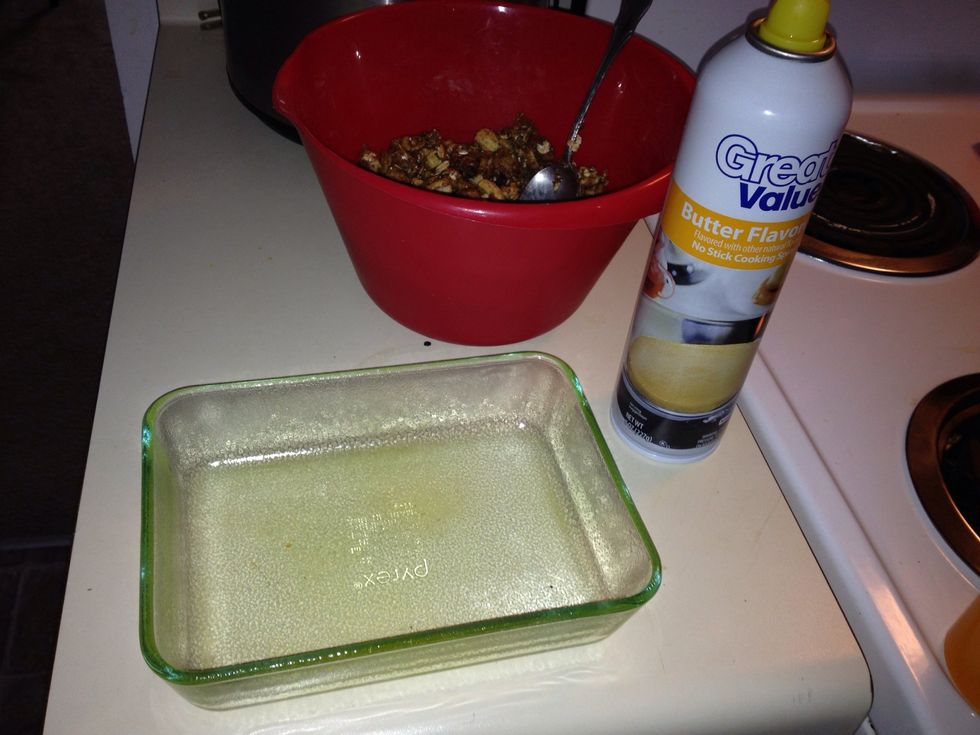 Spray a pan with non-stick coating. This small pan will make 4 rather large bars. You can make smaller and thinner bars by using a bigger pan.