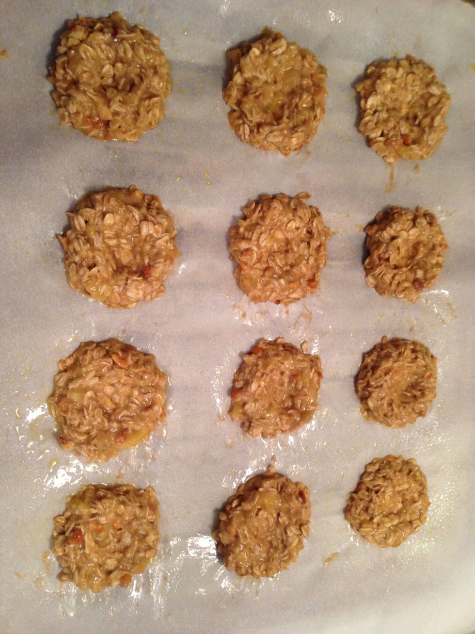 Spray a sheet of parchment with cooking spray. Spoon the batter on the sheet. Make an indent in each, you can use the back of the spoon. I was able to make 12 cookies.