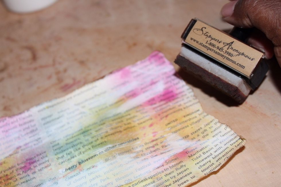 Spray Art Anthology Colorations onto patterned paper layers and apply vintage photo ink to edges.