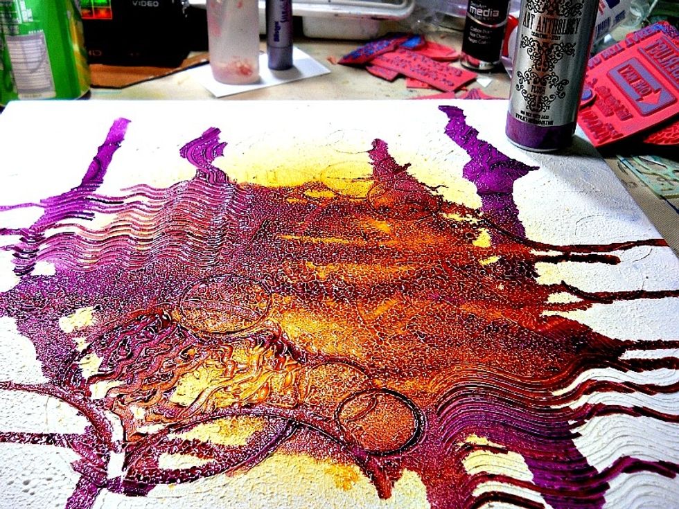 Spray Art anthology colorations "Plush" onto the canvas and allow it too run and move along the canvas. Dry this layer with a heat tool now.