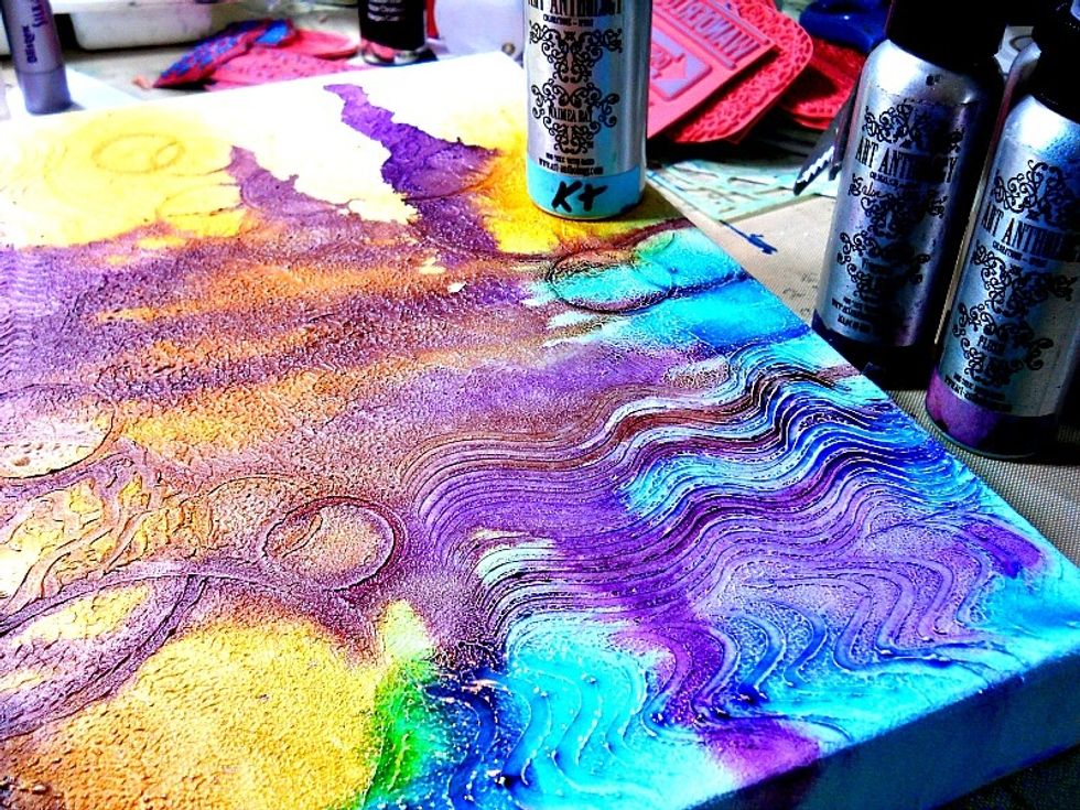 spray Art anthology colorations "Waimea bay" onto the edges of the canvas. Dry with a heat tool. the great thing about these colors is that if you dry between layers, the colors stay true.