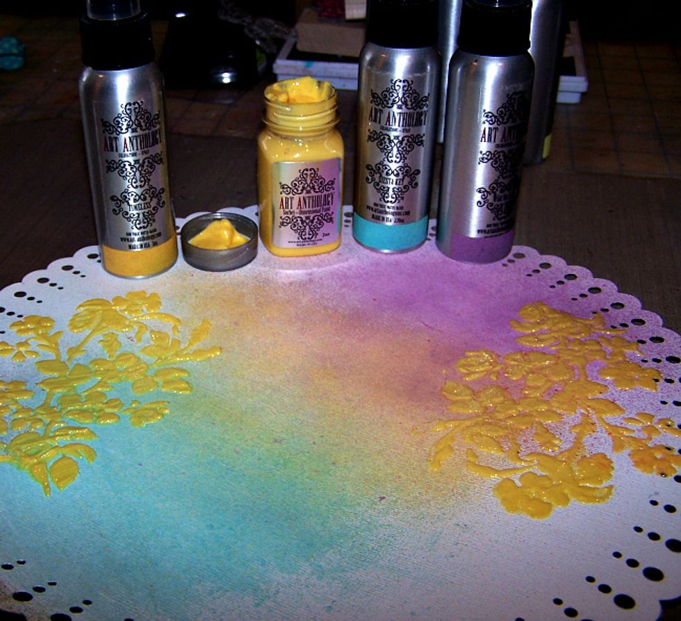 Spray background with Colorations of choice and add Stenciling with Sunshine Sorbets and stencil of choice.
