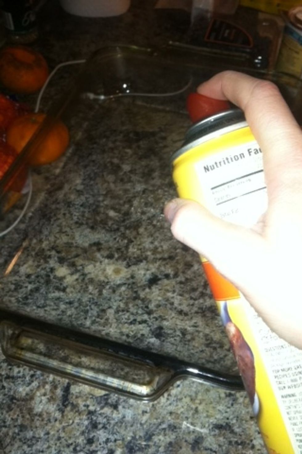 Spray bottom and sides of a 9-by-3-inch baking pan with Canola spray