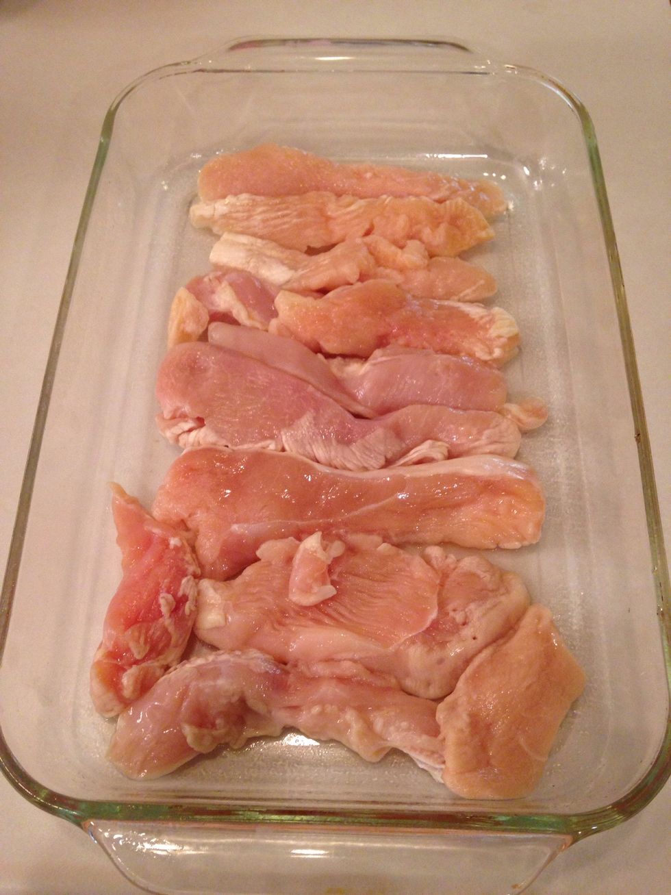 Spray casserole dish with nonstick cooking spray. Place chicken in dish. (I didn't have chicken breasts so I used chicken tenders instead.)