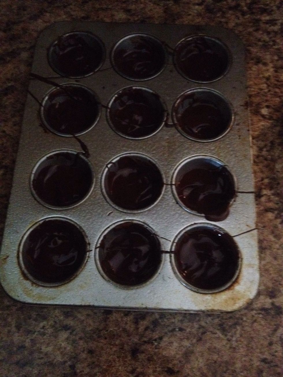 Spray pan and spread dark chocolate in the pan about 1/4 of the way