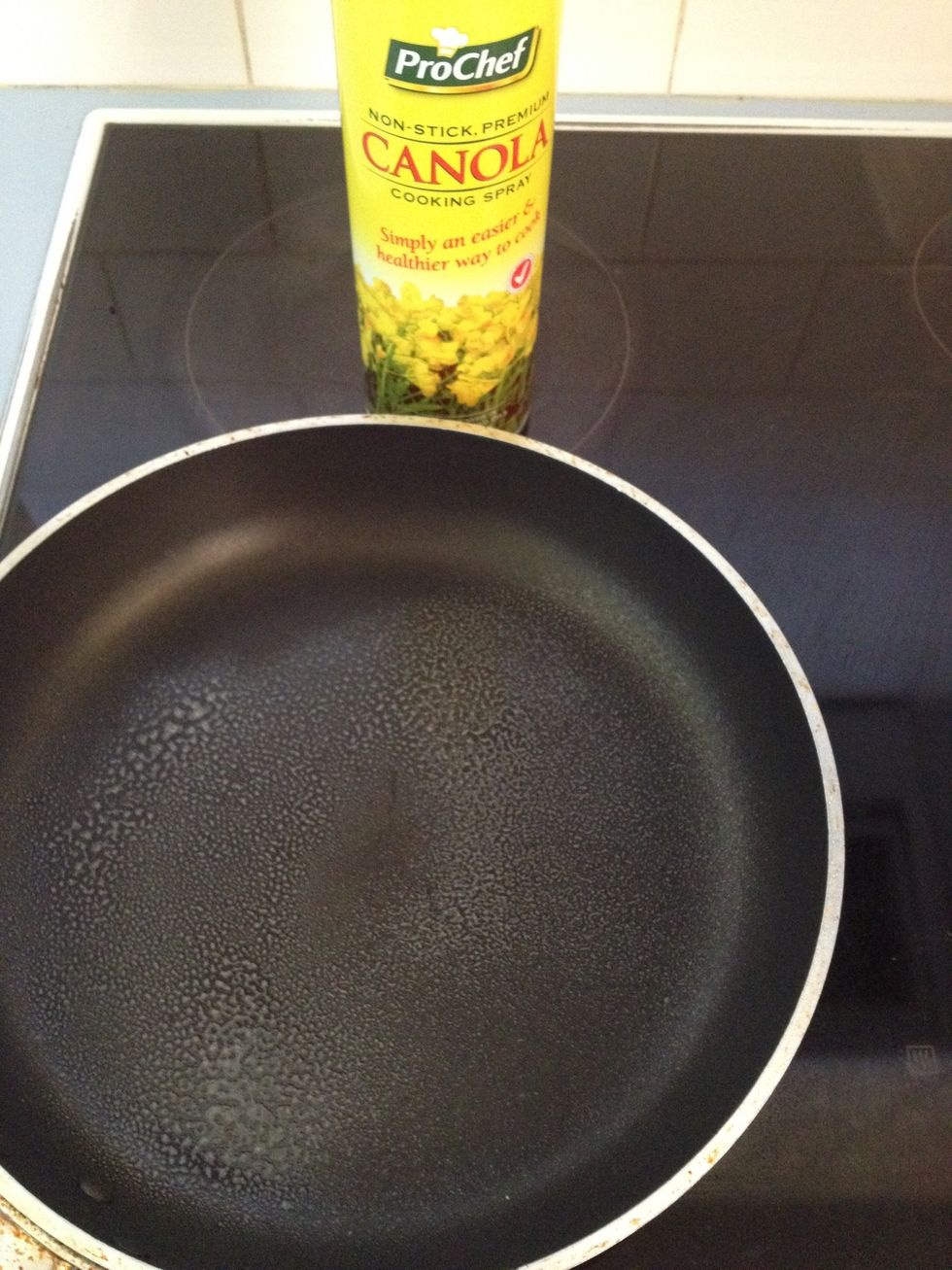 Spray pan with canola cooking spray and turn the stove on high heat.