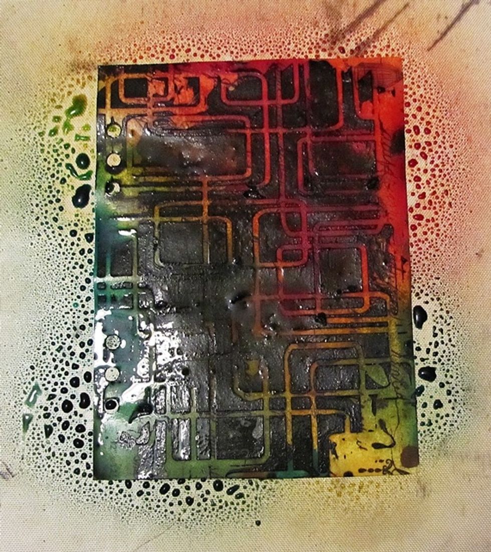 Spray randomly the second page with all mists of our previous color palette.