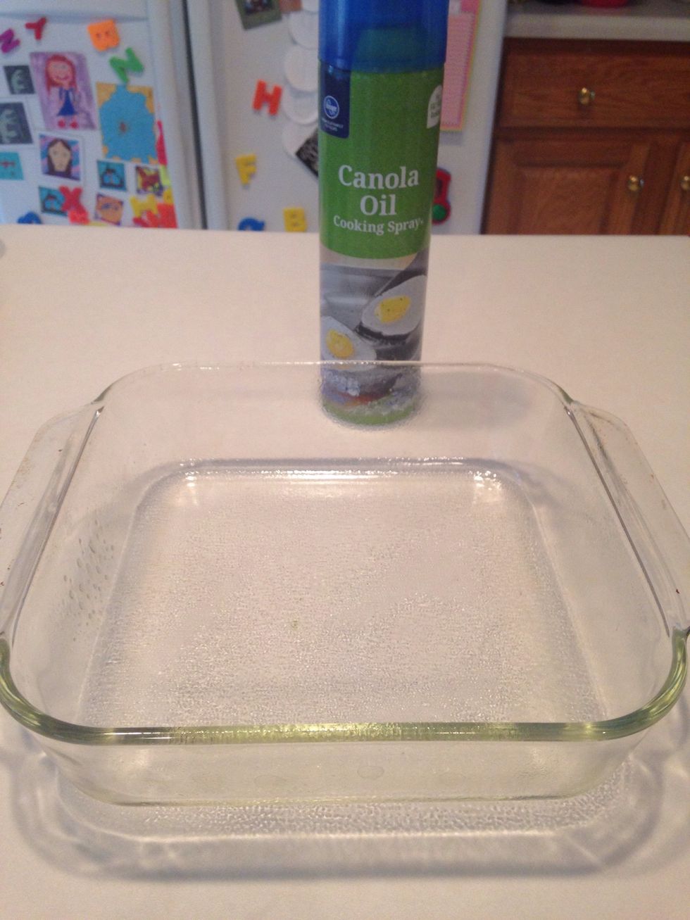Spray small baking dish with cooking spray.
