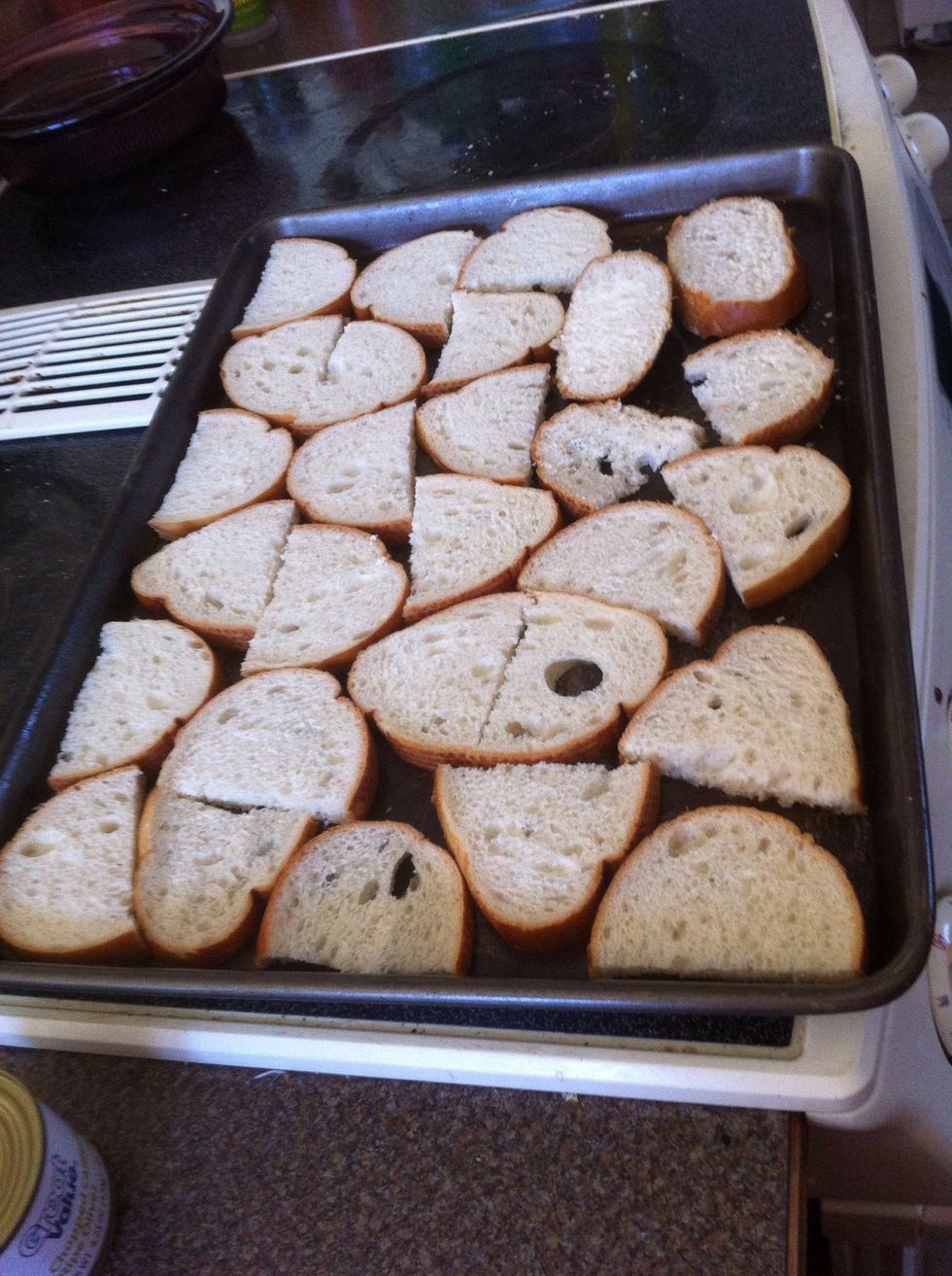Spray the canned cooking spray on the sheet and lay out the bread in a single layer.  Into the oven they go for approximately 10-12 minutes 250 degrees Fahrenheit.  \u27a1
