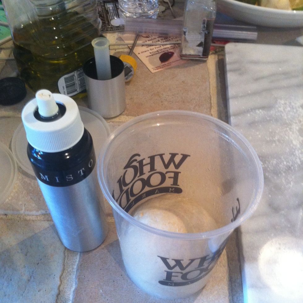 Spray the insides of a tall container with some olive oil and drop the dough ball inside. Cover and refrigerate overnight. The dough will rise and be ready for use the next day.