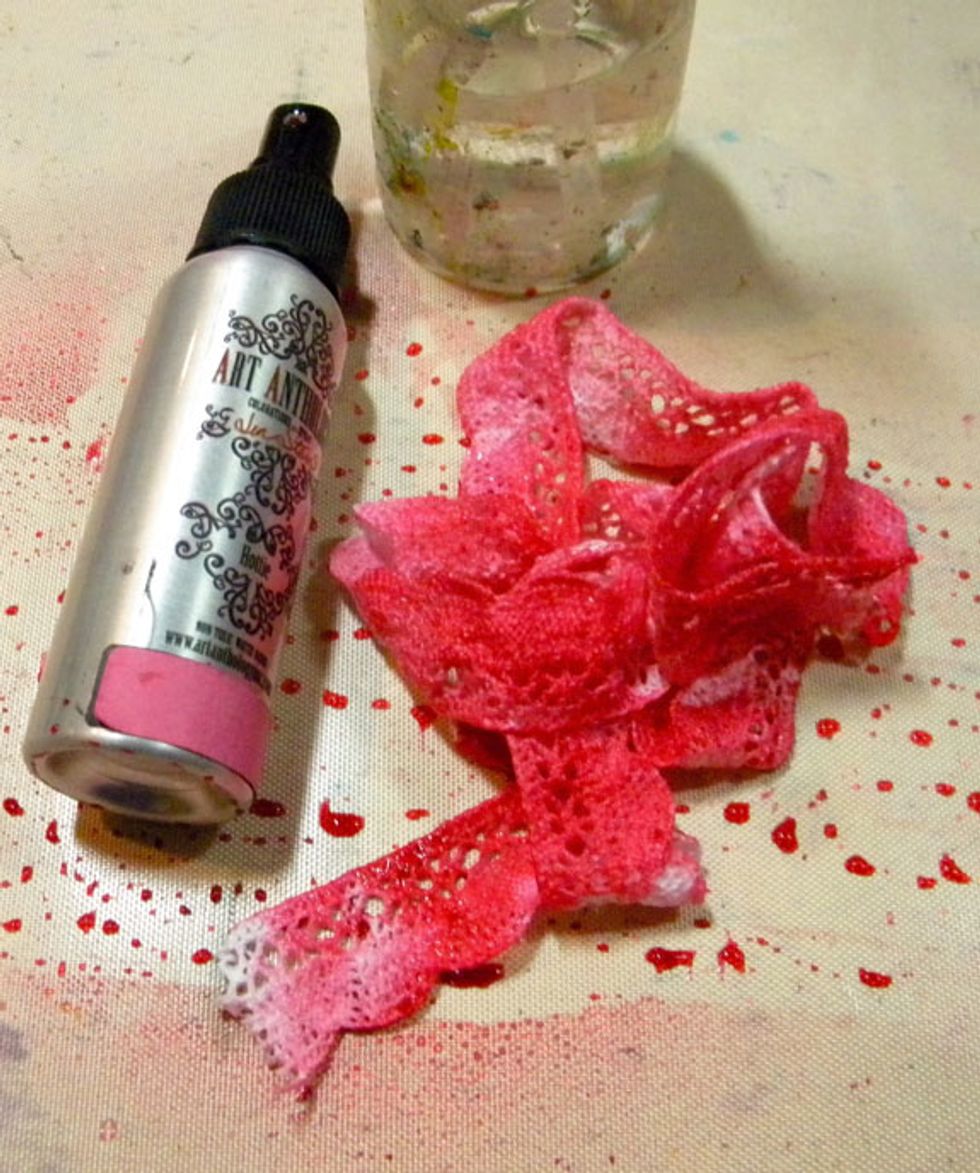Spray the lace with Hottie Colorations Spray and water until saturated. Heat dry or set aside to dry.