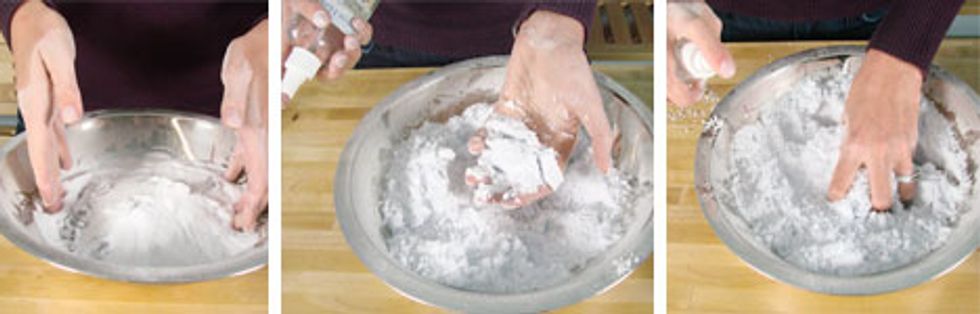 Spray the mixture with 6 squirts of Witch Hazel. Mix in well. Grab some of the mixture and make a fist around it. The mixture must be sticky to be ready for molding.