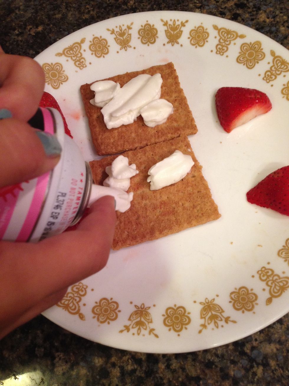 Spray whipped cream onto graham cracker \ud83d\ude0e