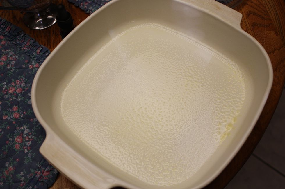 Spray your casserole dish with Pam cooking spray.