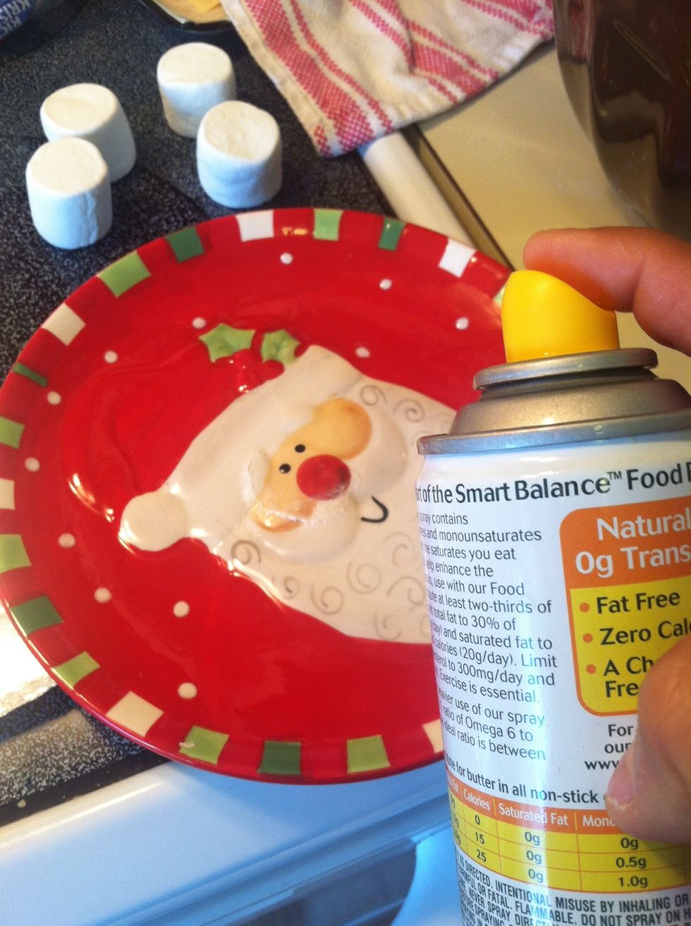 Spray your plate with the cooking spray to prevent the marshmallows from sticking to the plate.