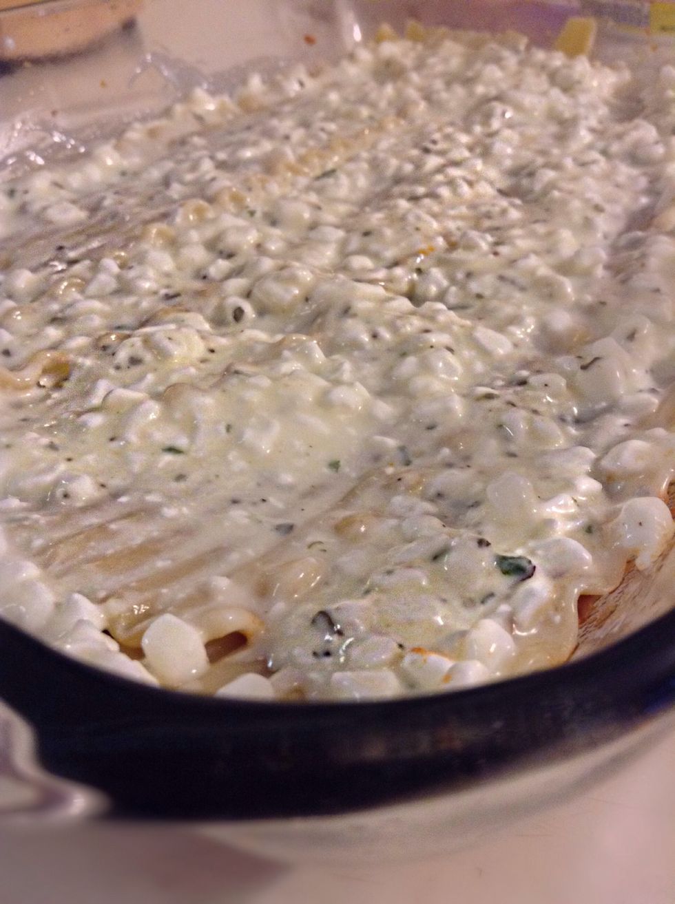 Spread 1/2 of the cottage cheese mixture, you can also use ricotta cheese with the same spices but personally I prefer the cottage cheese.