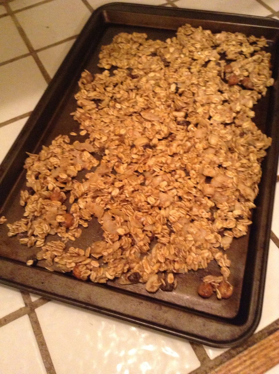 Spread a single layer on the prepared baking sheet. Bake for approximately 15 minutes stirring every 5 minutes to ensure it does not burn